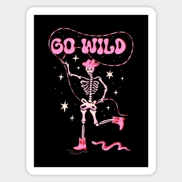Go Wild! Cute dancing skeleton in cowboy boots and western hat with pink snake Sticker by WeirdyTales
